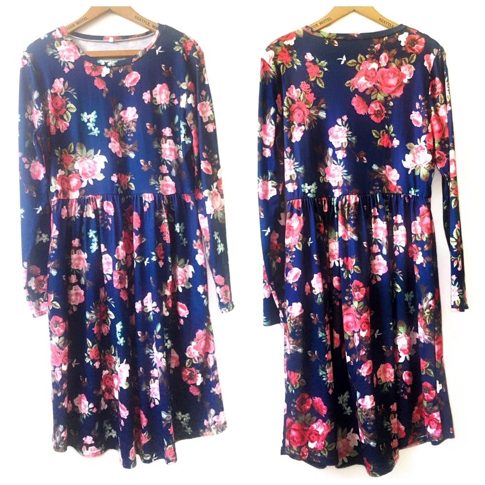 Casual floral long sleeve dress with POCKETS -L-